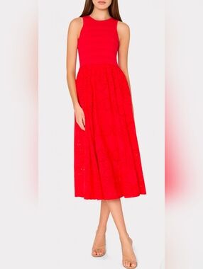 Milly Geo Eyelet Knit Combo Midi Dress Red Size Large